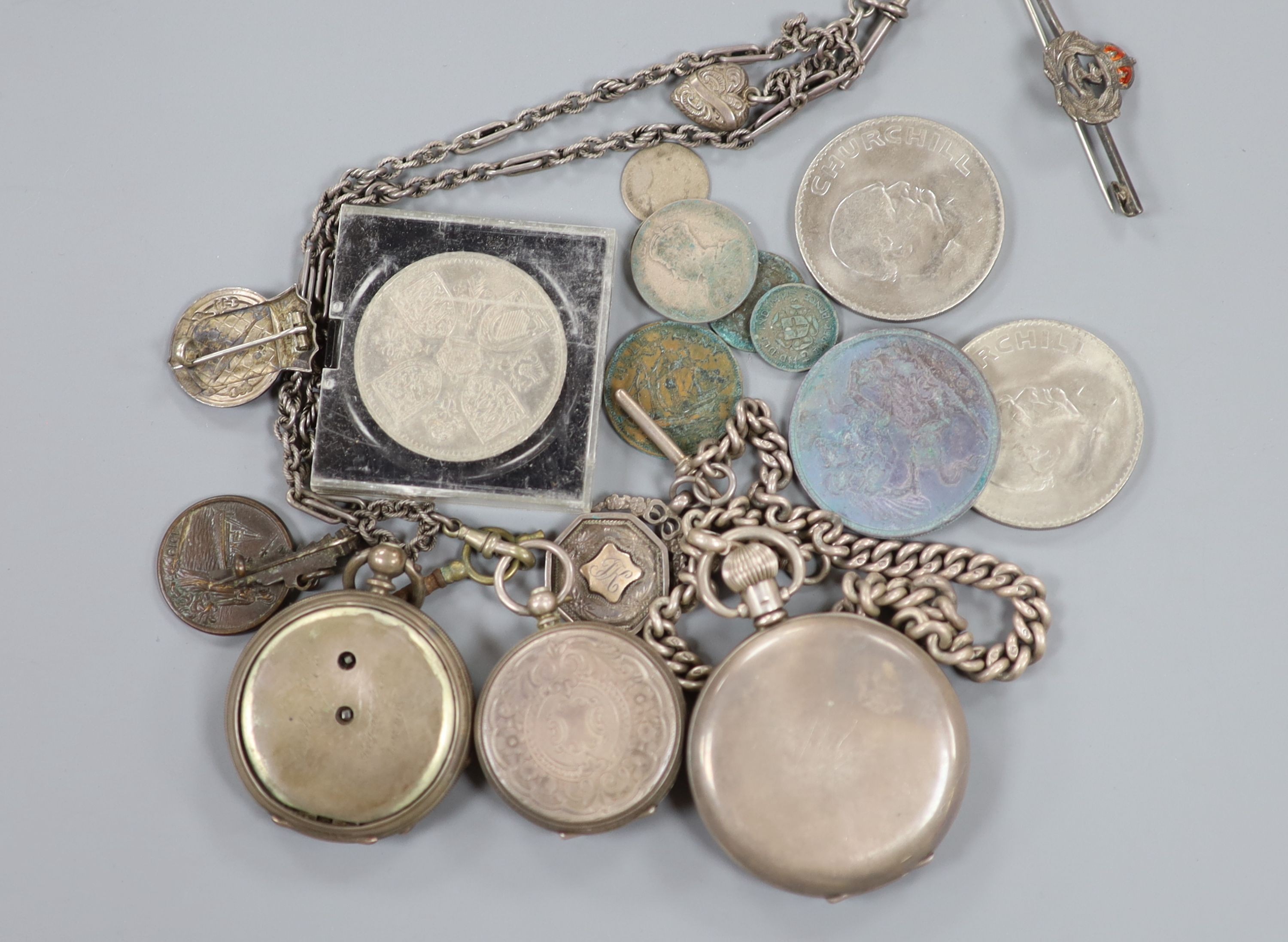 Various pocket watches including a 935 fob watch, together with a silver albert, medals coins and brooches.